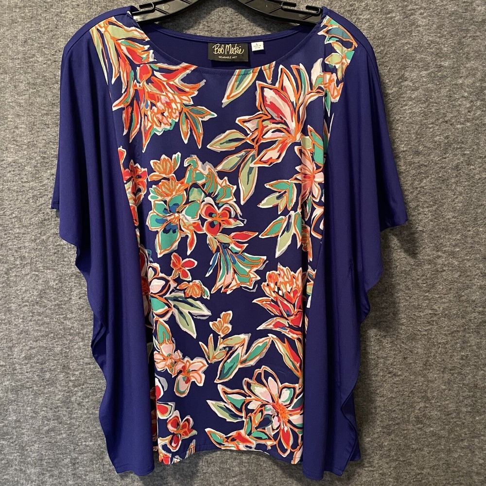 Bob Mackie‎ Wearable Art Top Blouse Women Large Blue Floral Poncho Style Slinky